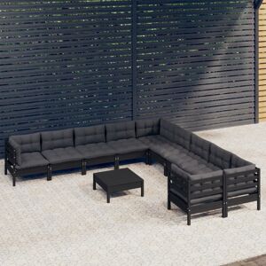 vidaXL Muebles de jardín 11 pzas y cojines negro madera de pino