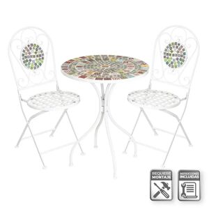 LOLAhome Set de mesa y 2 sillas de jardín con encimera de mosaico y estructura de metal blanco