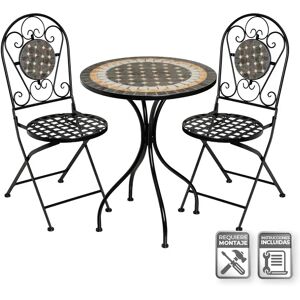 LOLAhome Set de mesa y 2 sillas de jardín con encimera de mosaico y estructura de metal negro