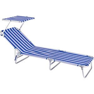 LOLAhome Tumbona playa con parasol, reclinable de 3 posiciones convertible en cama azul y blanco de aluminio