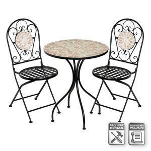 LOLAhome Set de mesa y 2 sillas de jardín con encimera de mosaico beige y estructura de metal negro