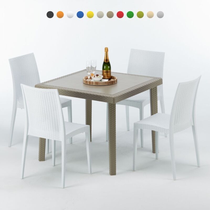 GRAND SOLEIL Mesa Cuadrada Beige 90x90 cm y 4 Sillas De Colores Elegance   Bistrot