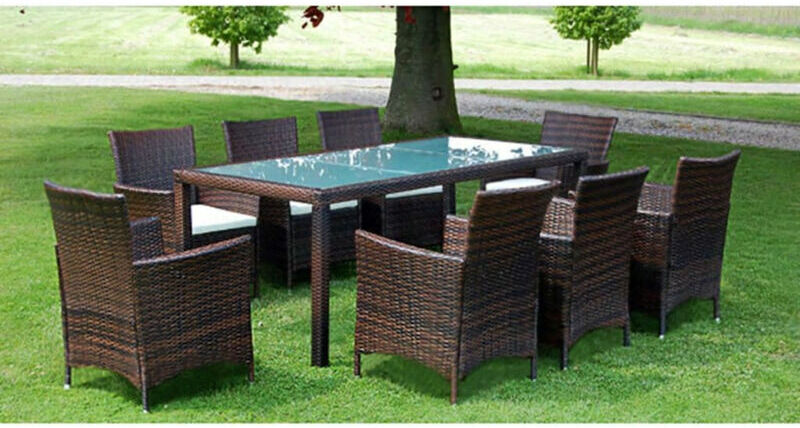 ASUPERMALL Set comedor de jardin 9 piezas y cojines ratan sintetico marron