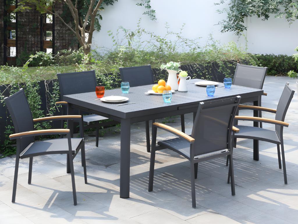 MYLIA Comedor de jardín de aluminio: una mesa extensible 180/240 cm y 6 sillones apilables - Antracita - NAURU