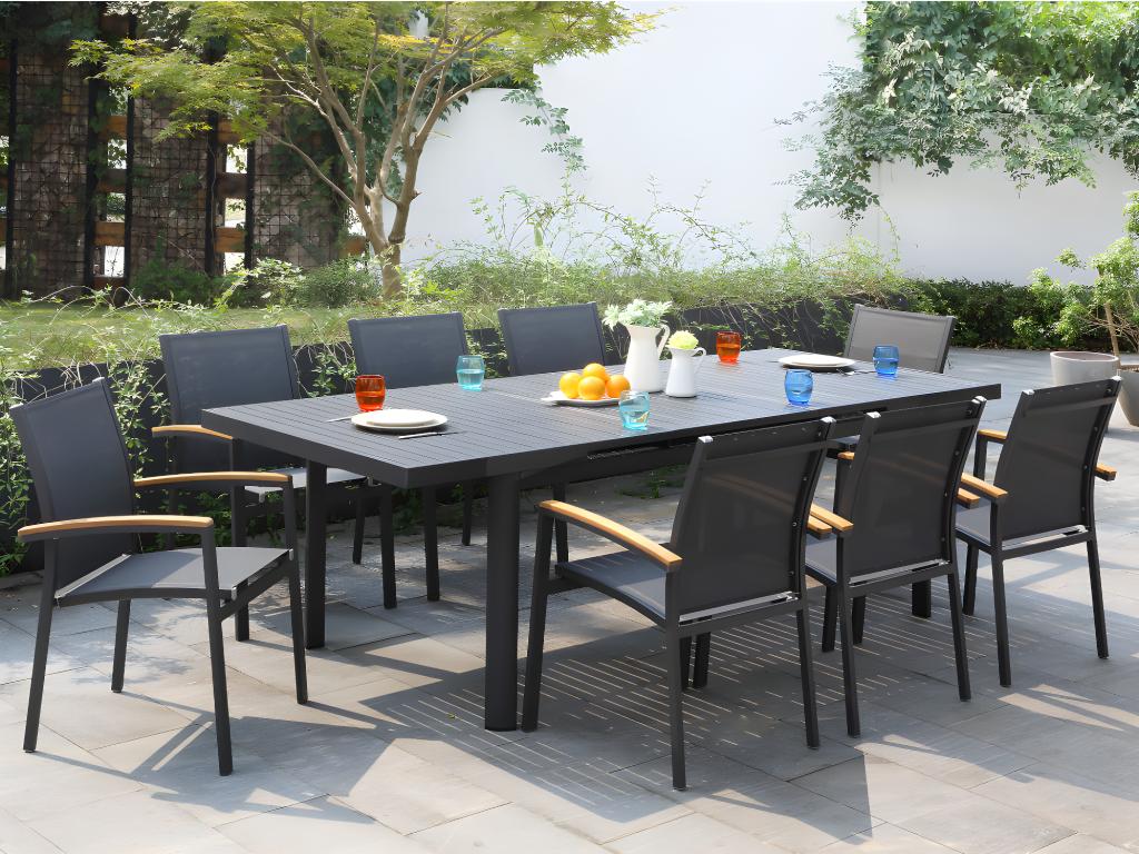 MYLIA Comedor de jardín de aluminio: una mesa extensible 180/240 cm y 8 sillones apilables - Antracita - NAURU