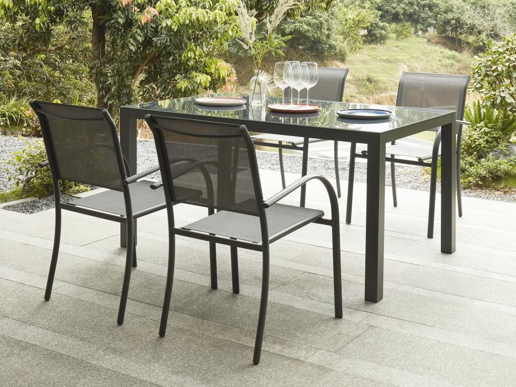 MYLIA El comedor de jardín de aluminio: una mesa de 150 cm de ancho y 4 sillones - Gris antracita - JOLANE