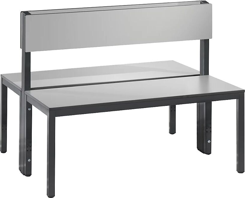 C+P Banco para vestuarios BASIC PLUS, por ambos lados, superficie del asiento de HPL, de media altura, longitud 1000 mm, gris plata