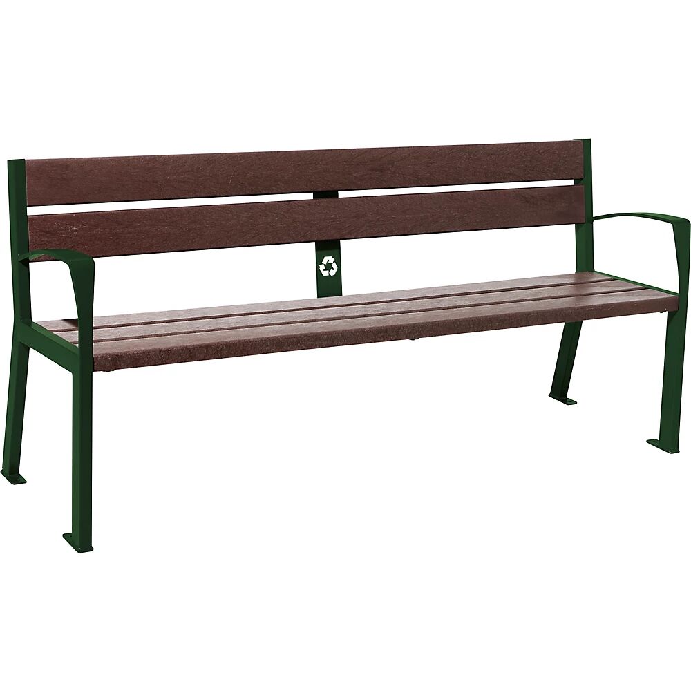 PROCITY Banco SILAOS® de plástico reciclado, con respaldo, verde musgo RAL 6005, marrón, reposabrazos estándar, 5 tablas de asiento y respaldo