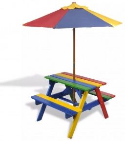 vidaXL Mesa De Picnic Y Bancos De Niños Y Sombrilla Madera Multicolor