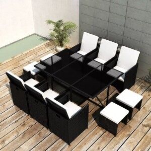 vidaXL Set Comedor De Jardín 11 Piezas Y Cojines Ratán Sintético Negro