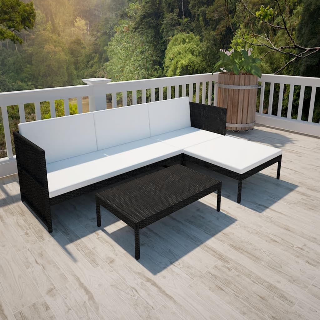 vidaXL Set de muebles de jardín y cojines 3 pzas ratán sintético negro