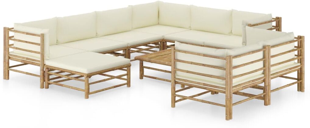 vidaXL Set de muebles de jardín 10 piezas bambú y cojines blanco crema