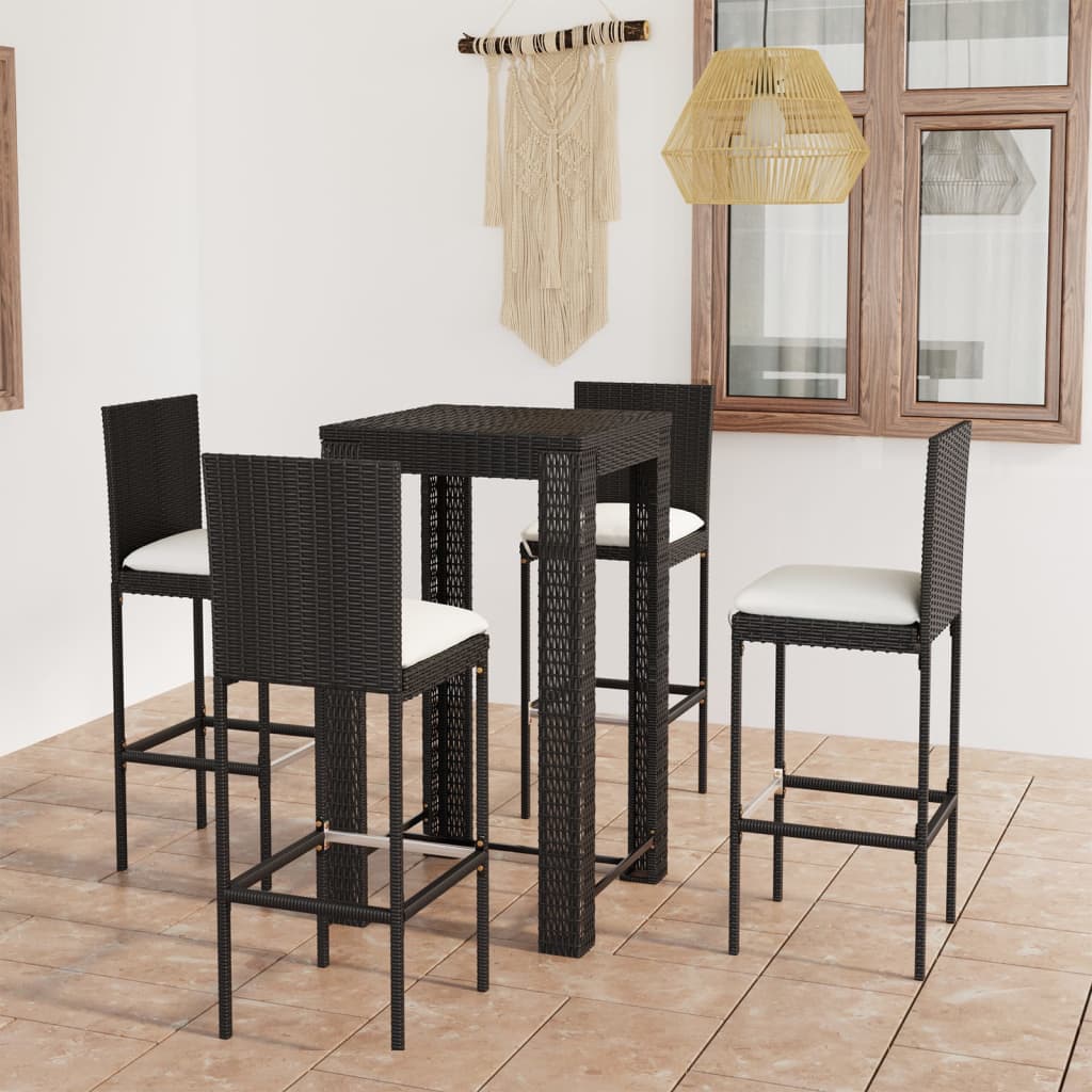 vidaXL Set muebles bar jardín 5 piezas y cojines ratán sintético negro