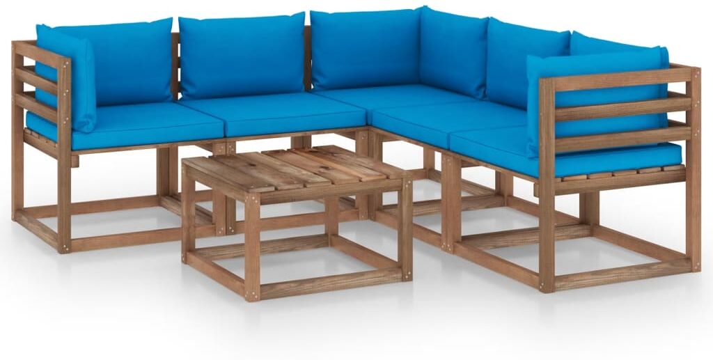 vidaXL Set de muebles de jardín 6 pzs madera impregnada cojines azul