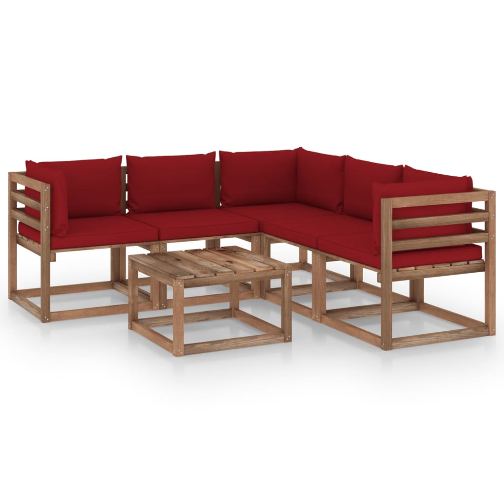 vidaXL Set de muebles de jardín 6 pzs madera impregnada cojines rojos