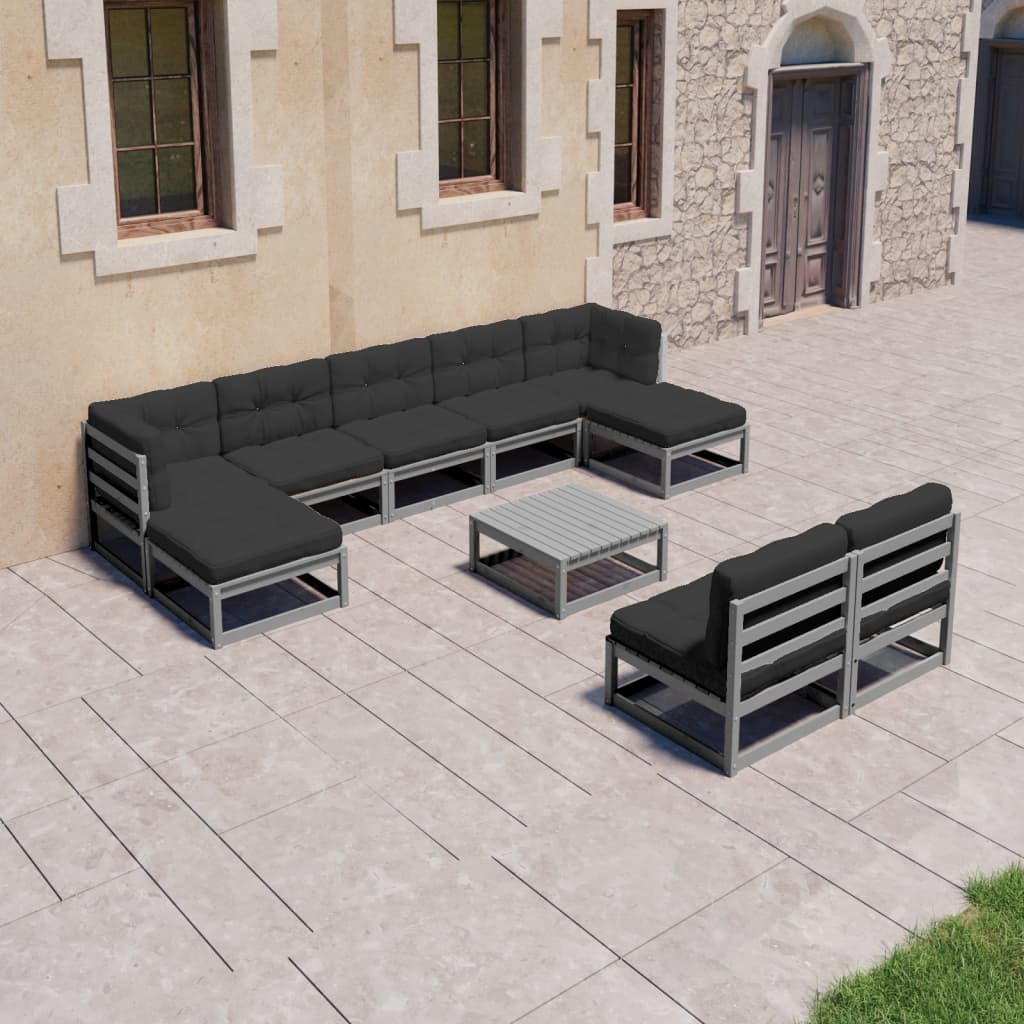 vidaXL Set de muebles de jardín 10 pzas con cojines madera pino gris