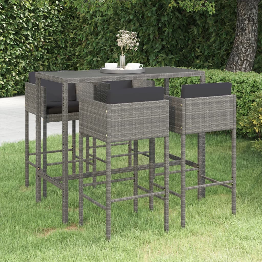 vidaXL Set muebles de bar jardín 5 pzas y cojines ratán sintético gris