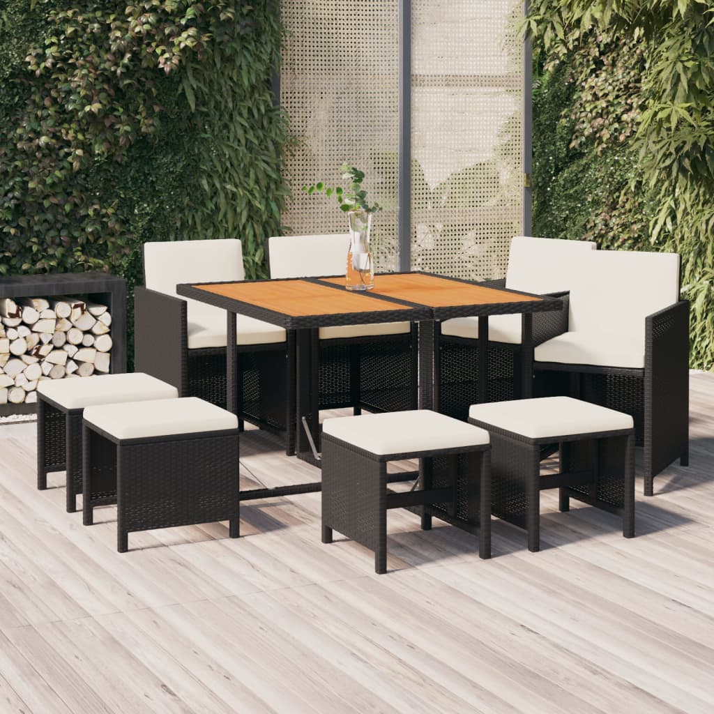 vidaXL Set de comedor de jardín 9 pzas y cojines ratán sintético negro