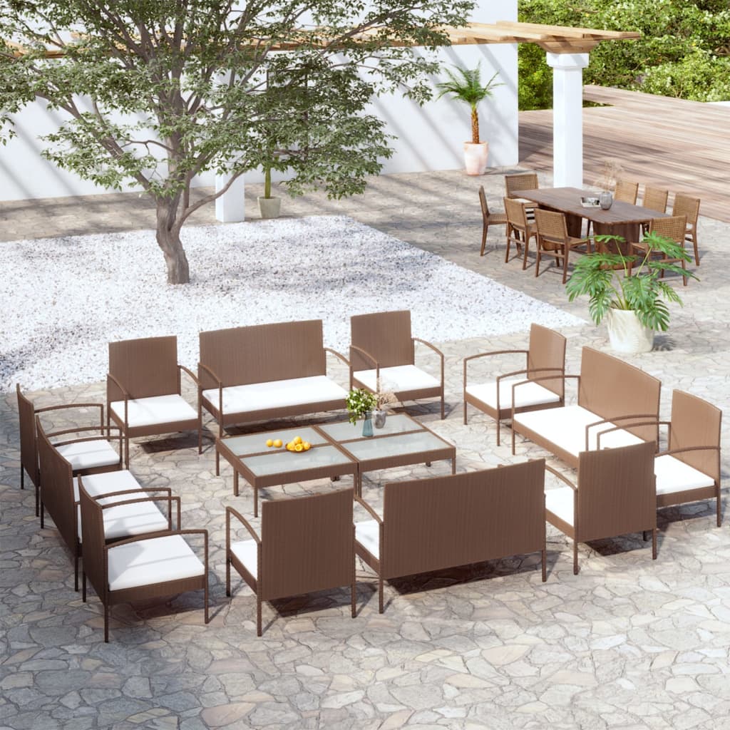 vidaXL Set muebles de jardín 16 pzas y cojines ratán sintético marrón