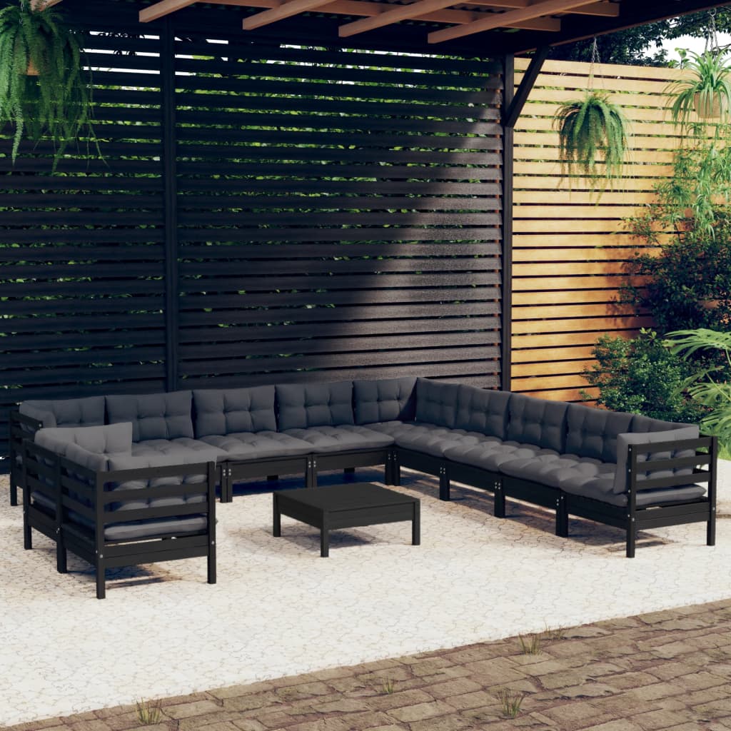 vidaXL Muebles de jardín 12 pzas y cojines negro madera maciza de pino