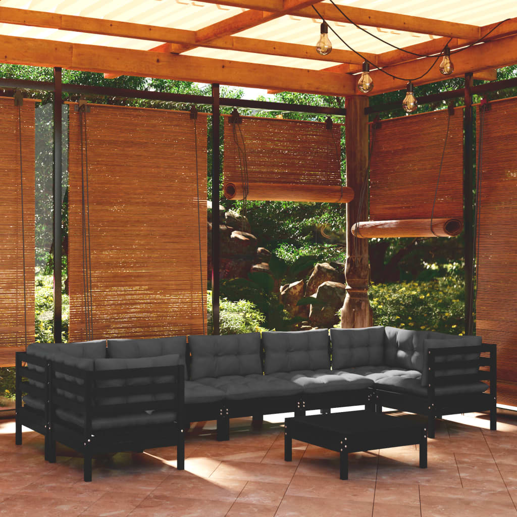 vidaXL Muebles de jardín 8 pzas con cojines negro madera de pino