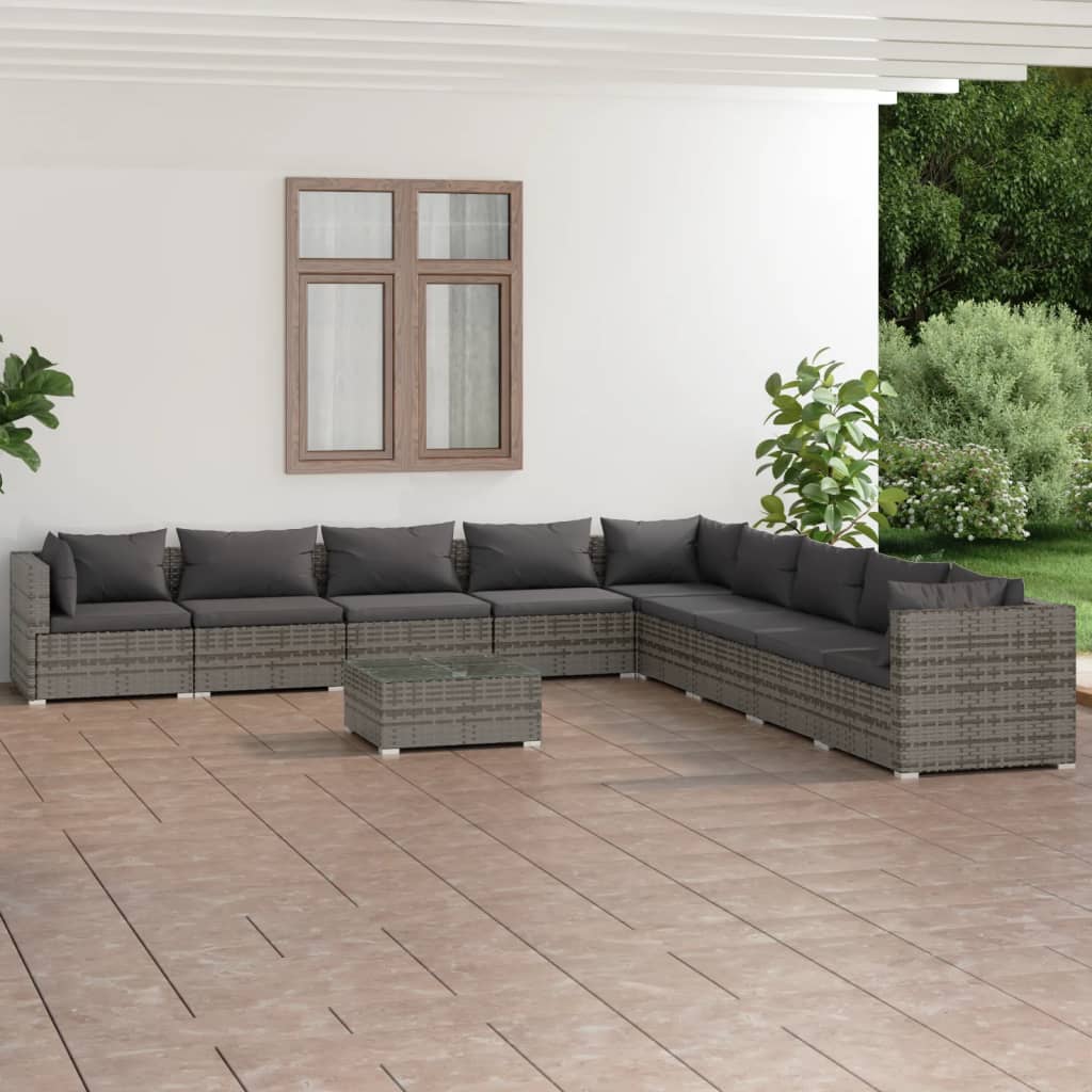 vidaXL Set de muebles de jardín 10 pzas y cojines ratán sintético gris