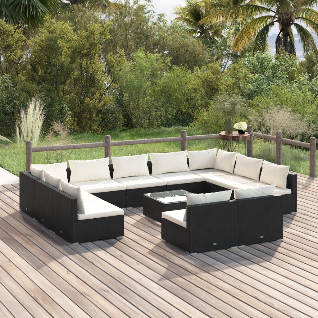 vidaXL Set de muebles de jardín 12 pzas cojines ratán sintético negro