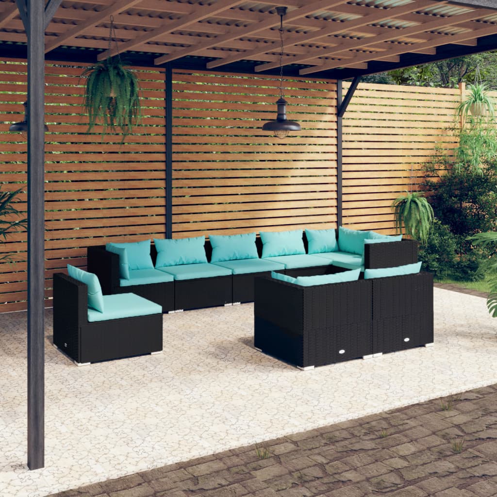 vidaXL Set de muebles de jardín 9 pzas y cojines ratán sintético negro