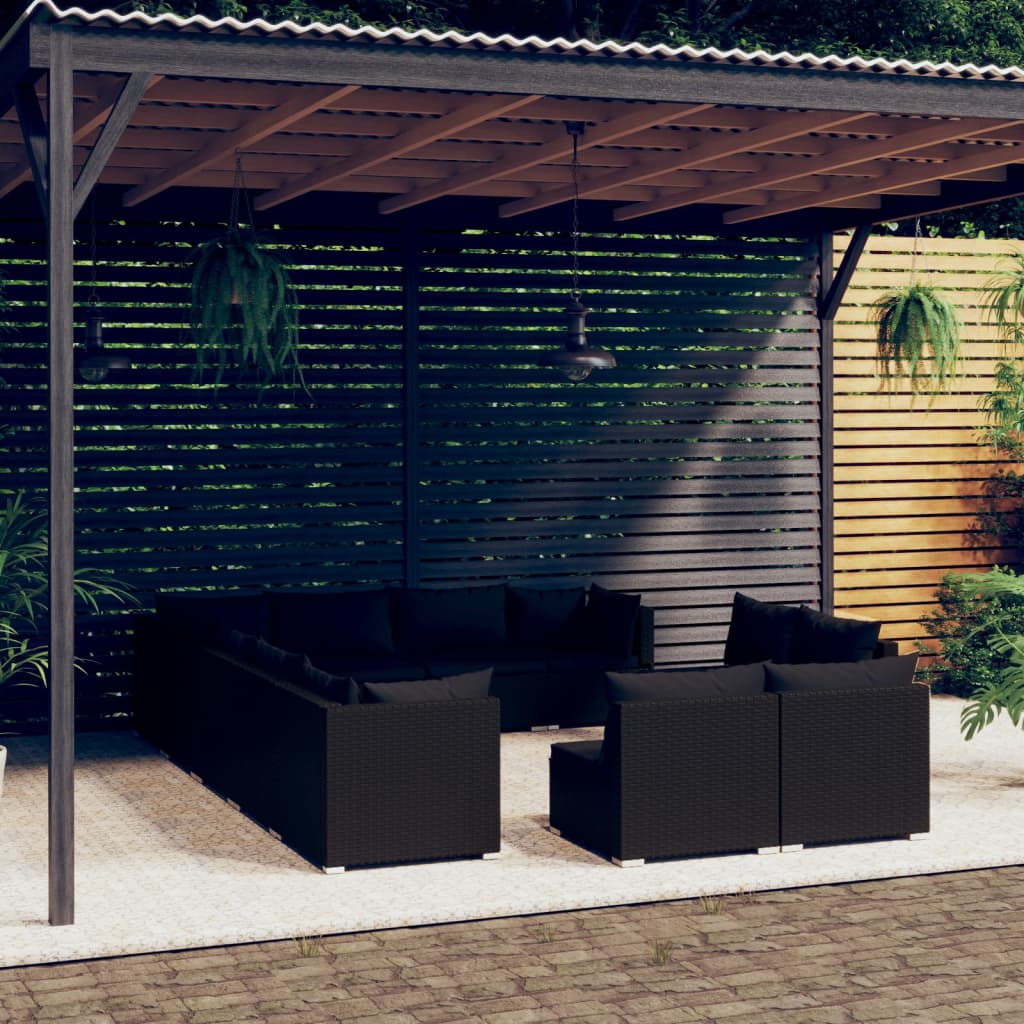 vidaXL Set de muebles de jardín 12 pzas cojines ratán sintético negro