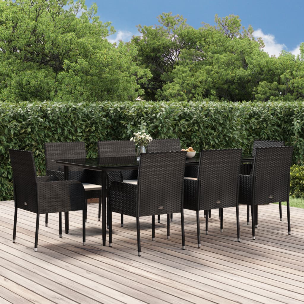 vidaXL Set de comedor de jardín 9 pzas y cojines ratán sintético negro