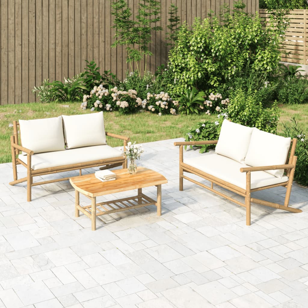 vidaXL Set de muebles de jardín 2 piezas bambú y cojines blanco crema