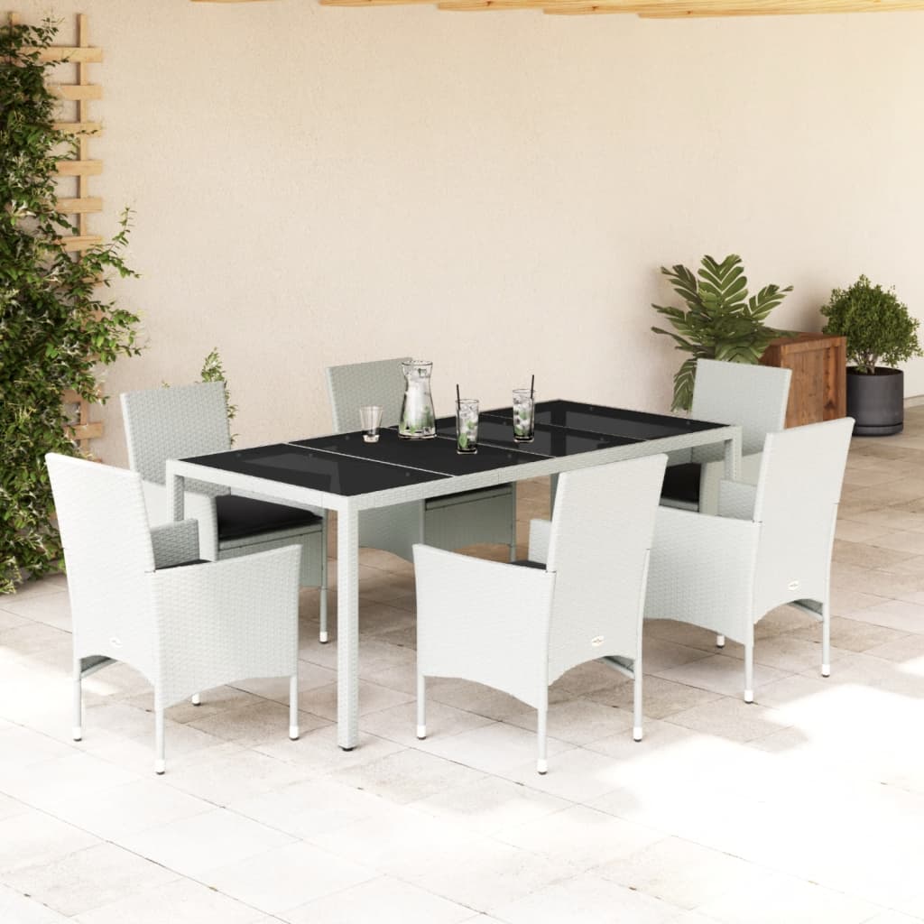 vidaXL Set comedor jardín 7 pzas cojines ratán sintético vidrio blanco