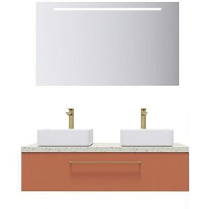 HOMIFAB Meuble de salle de bain suspendu 2 vasques a poser 120cm 1 tiroir Terracotta + miroir - Glasgow