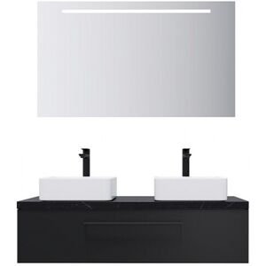 HOMIFAB Meuble de salle de bain suspendu 2 vasques a poser 120cm 1 tiroir Noir + miroir - Glasgow