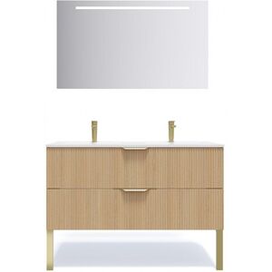 HOMIFAB Meuble de salle de bain suspendu double vasque integree 120cm 2 tiroirs Chene cannele + miroir - Venice