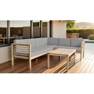 HOMIFAB Salon de jardin d'angle 5 places en bois blanchi FSC et coussins gris chine - Samui