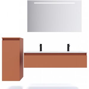 HOMIFAB Meuble de salle de bain suspendu double vasque integree 120cm 1 tiroir Terracotta + miroir + colonne ouverture gauche - Hudson