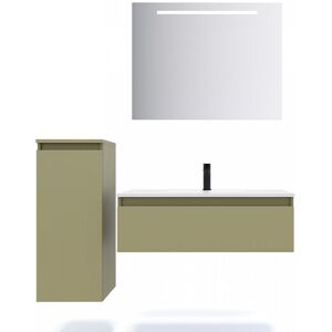 HOMIFAB Meuble de salle de bain suspendu vasque integree 90cm 1 tiroir Vert olive + miroir + colonne ouverture gauche - Hudson