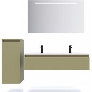 HOMIFAB Meuble de salle de bain suspendu double vasque integree 120cm 1 tiroir Vert olive + miroir + colonne ouverture gauche - Hudson