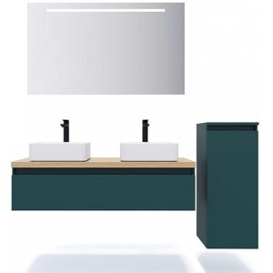 HOMIFAB Meuble de salle de bain suspendu 2 vasques a poser 120cm 1 tiroir Bleu + miroir + colonne ouverture droite - Hudson