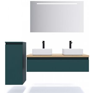 HOMIFAB Meuble de salle de bain suspendu 2 vasques a poser 120cm 1 tiroir Bleu + miroir + colonne ouverture gauche - Hudson