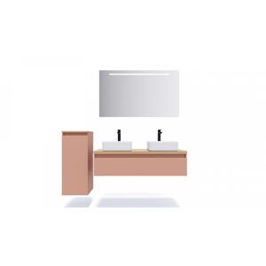 HOMIFAB Meuble de salle de bain suspendu 2 vasques a poser 120cm 1 tiroir Abricot + miroir + colonne ouverture gauche - Hudson