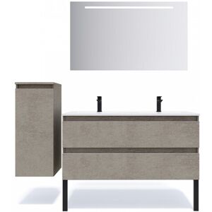 HOMIFAB Meuble de salle de bain suspendu double vasque integree 120cm 2 tiroirs facon Beton + miroir - Hudson