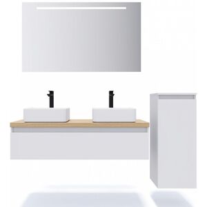 HOMIFAB Meuble de salle de bain suspendu 2 vasques a poser 120cm 1 tiroir Blanc + miroir + colonne ouverture droite - Hudson