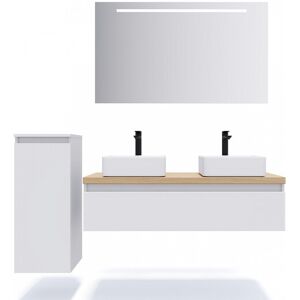 HOMIFAB Meuble de salle de bain suspendu 2 vasques a poser 120cm 1 tiroir Blanc + miroir + colonne ouverture gauche - Hudson