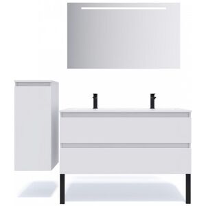 HOMIFAB Meuble de salle de bain suspendu double vasque integree 120cm 2 tiroirs Blanc + miroir - Hudson