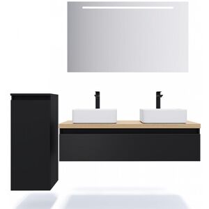 HOMIFAB Meuble de salle de bain suspendu 2 vasques a poser 120cm 1 tiroir Noir + miroir + colonne ouverture gauche - Hudson