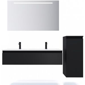 HOMIFAB Meuble de salle de bain suspendu double vasque integree 120cm 1 tiroir Noir + miroir + colonne ouverture droite - Hudson