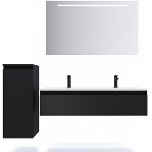 HOMIFAB Meuble de salle de bain suspendu double vasque integree 120cm 1 tiroir Noir + miroir + colonne ouverture gauche - Hudson