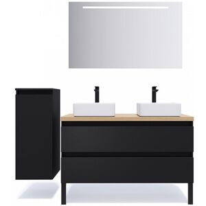 HOMIFAB Meuble de salle de bain suspendu 2 vasques a poser 120cm 2 tiroirs Noir + miroir + colonne ouverture gauche - Hudson